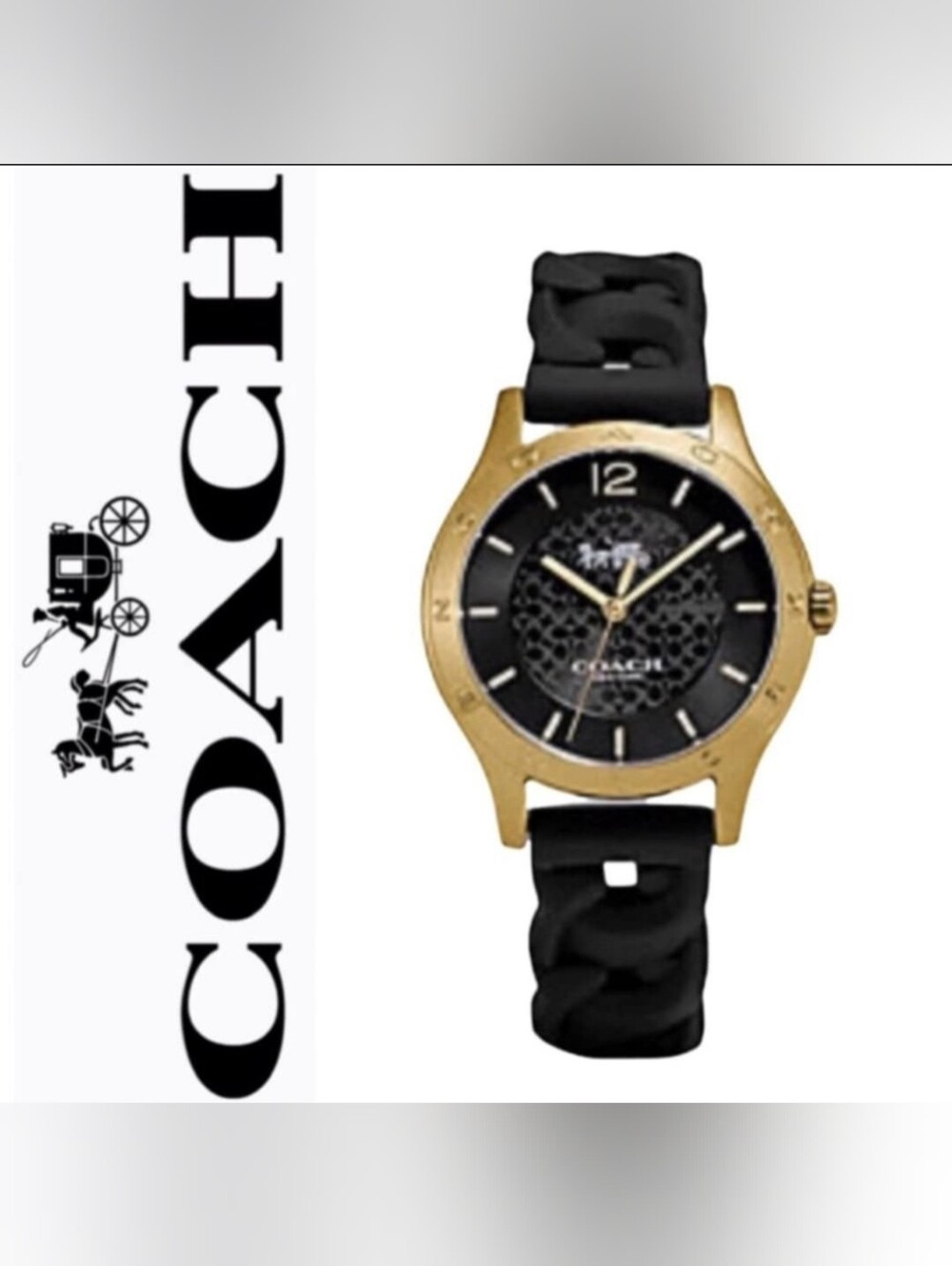 Coach Maddy Watch, 34mm Gold tone case and Signature Black strap. New &Authentic
